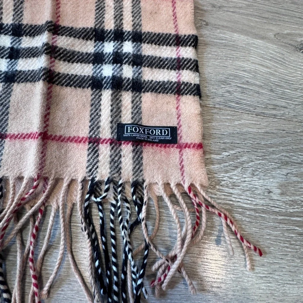 Foxford Ireland 100% Lambswool Plaid Scarf Tan Black Red Fringed Made in Ireland